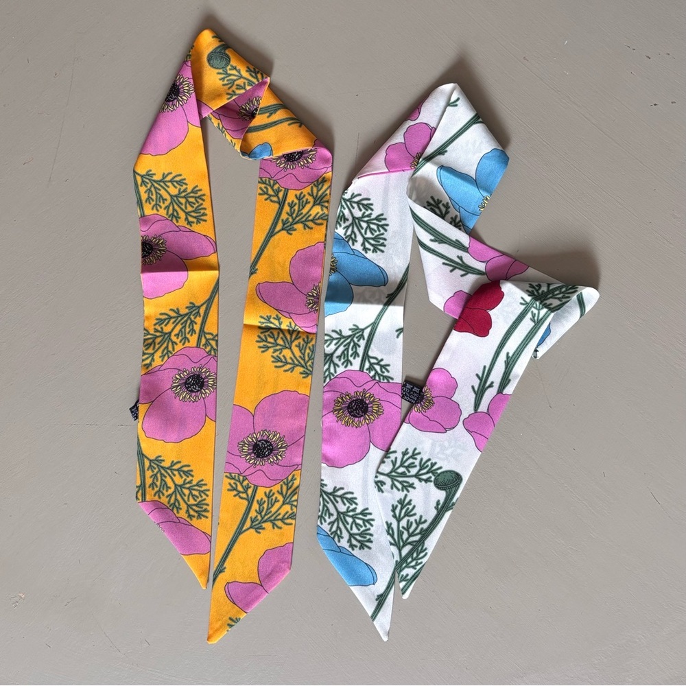 Branches and Floral Patterned Handbag Handle Ribbon Head Band Scarves Set Of Two - Picture 3 of 5